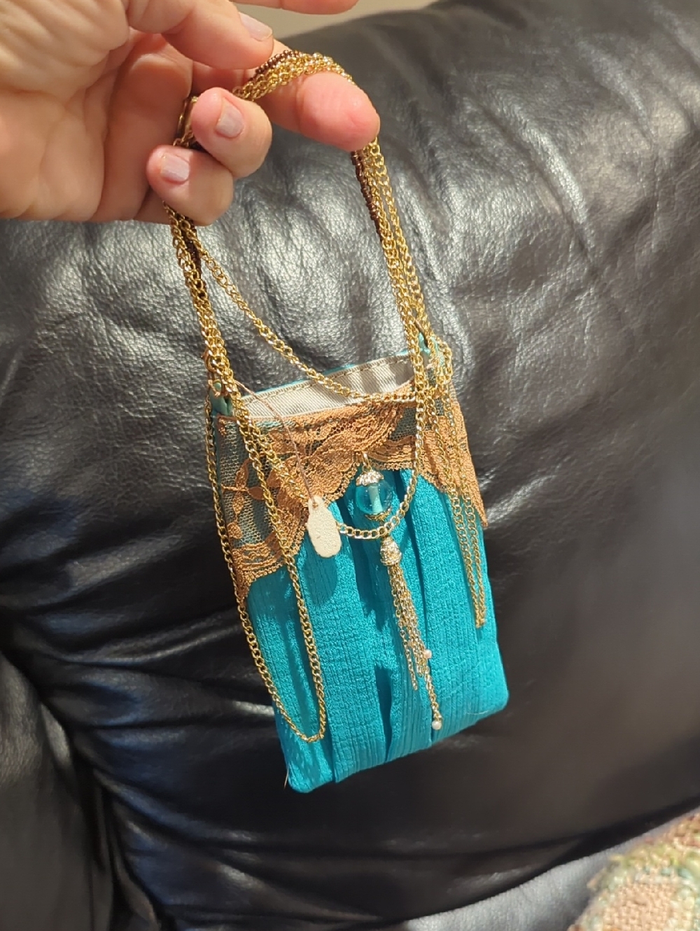 Teal Lace & Gold Chain Evening Bag
